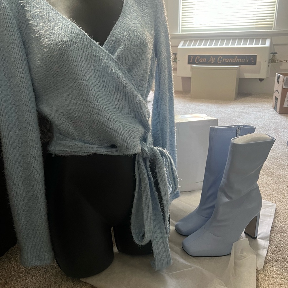 Ladies blue tie sweater and blue calf boots both new, by SHEIN, never worn!